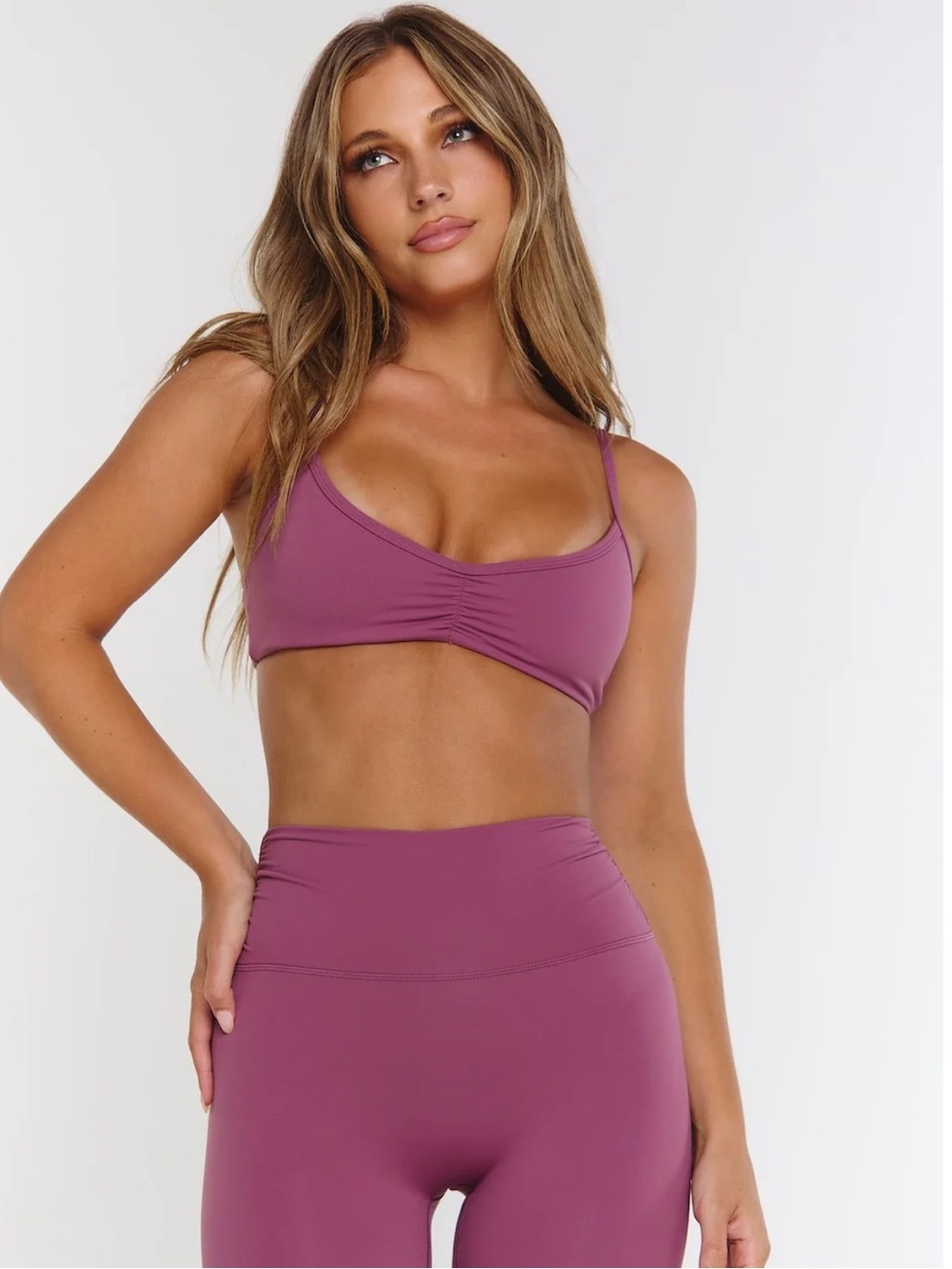 Mauve Ruched Sports Bralette and High-Waist Leggings Set - Women